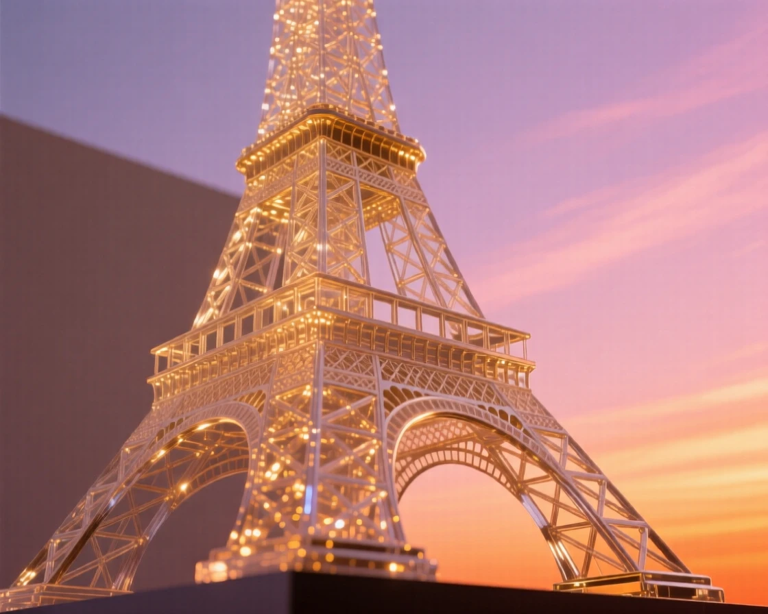 The Eiffel Tower, viewed from a dramatic low angle under a vivid sunset sky, warm golden light highlighting every architectural detail, awe-inspiring and grand.