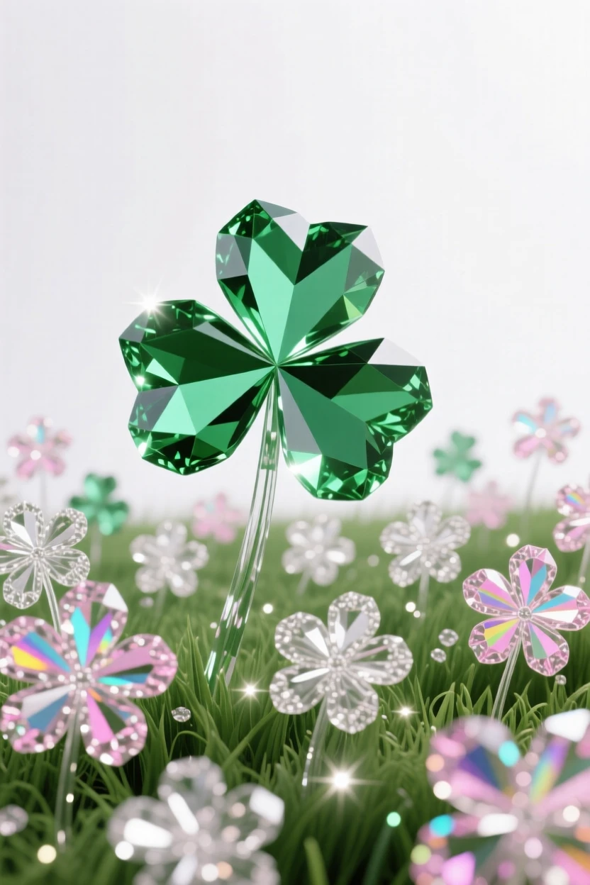 A meadow of blooming clover with a single four-leaf clover highlighted.