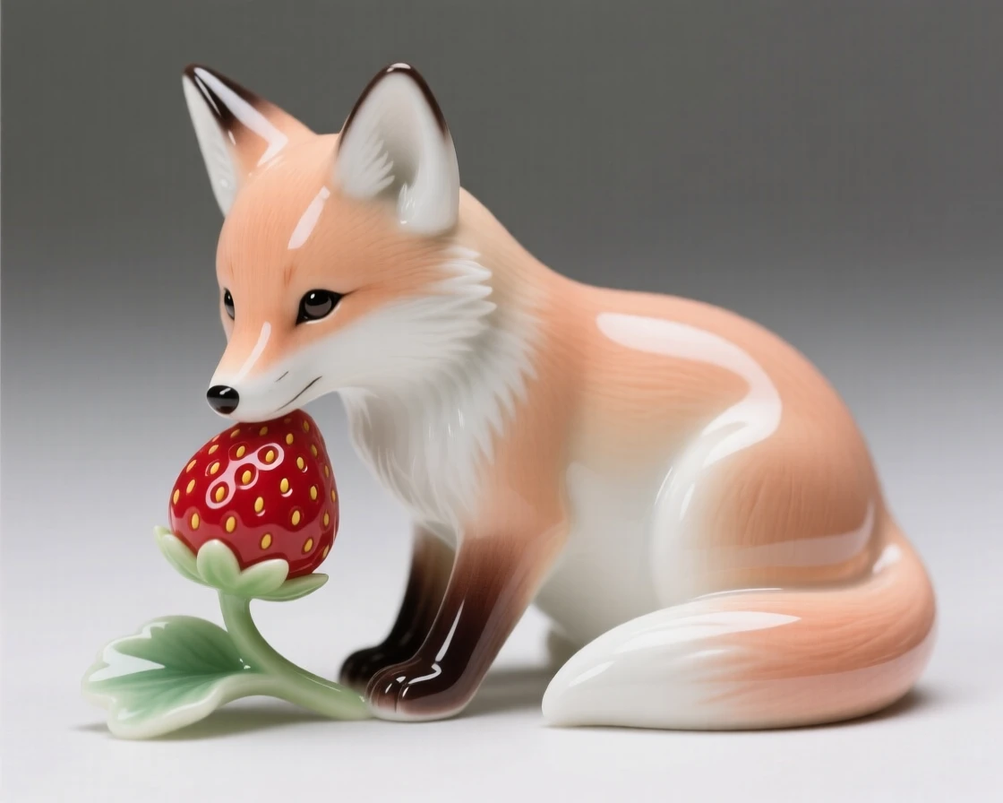 A tiny fox kit nibbling on a wild strawberry, radiating quiet, gentle charm.