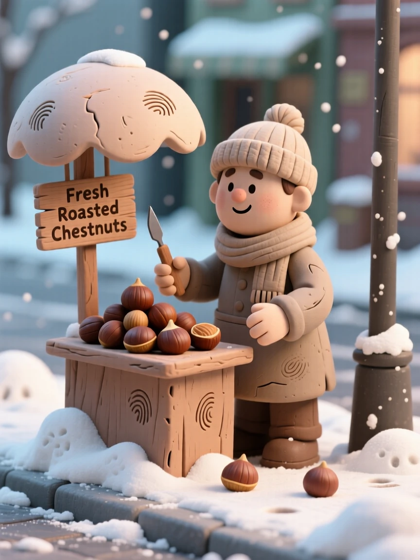 A street vendor selling roasted chestnuts on a snowy corner