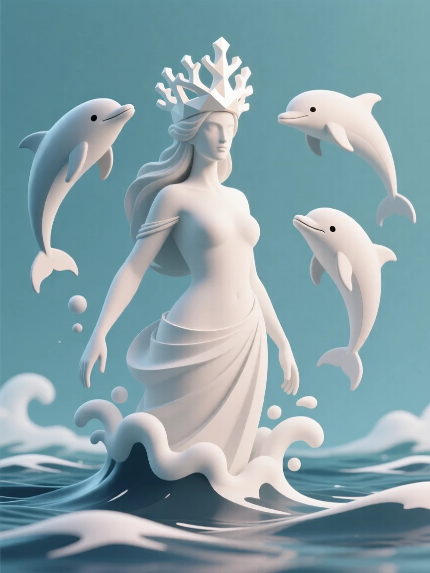 A powerful sea goddess rises from ocean foam, coral crown glinting as dolphins leap playfully around her.
