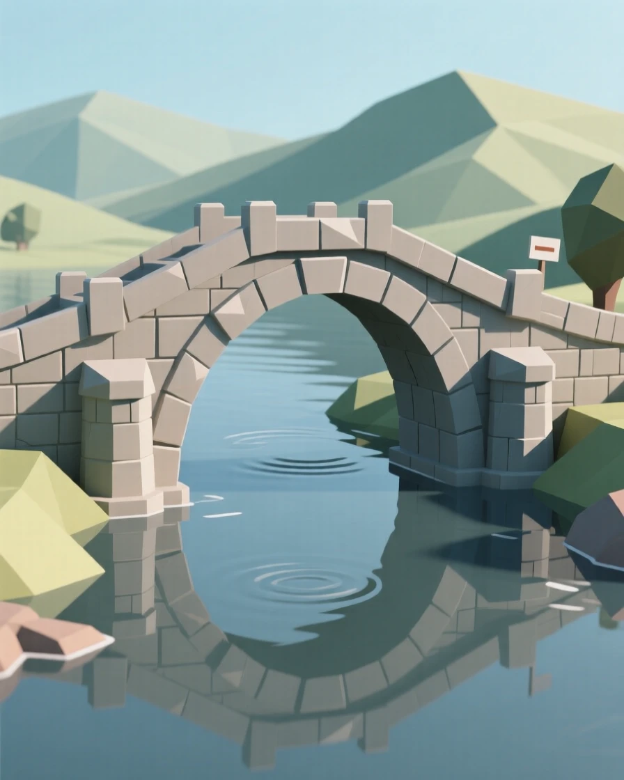 An old stone bridge arching over a slow river, framed by distant rolling hills. soft reflections in water double the architectural detail. The place feels steeped in history.