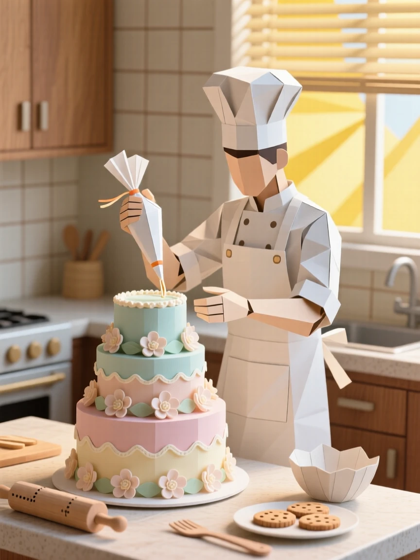 A baker decorating an elaborate multi-tiered cake with delicate frosting flowers in a sunlit kitchen, evoking artistic culinary passion.