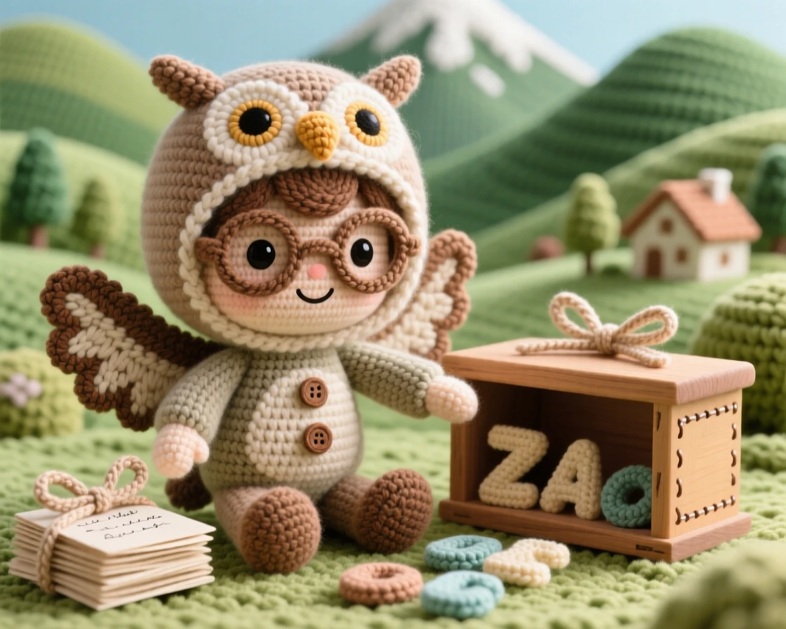 a friendly postman owl-costume boy, with round spectacles and a gentle smile, sorting letters into a wooden cubby, in a mountain village nestled among green hills, with a stack of handwritten letters tied with ribbon nearby, conveying bright-eyed enthusiasm for a beloved craft.