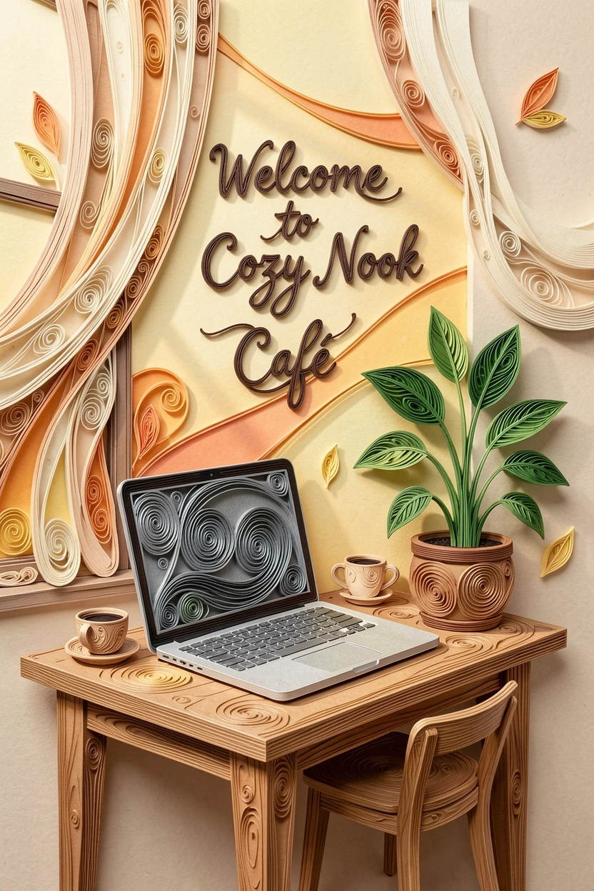 A relaxed modern lifestyle scene of a minimalist home office with a laptop and potted plant in a cozy neighborhood café, with a light breeze catching loose fabric or leaves, framed with warm natural light streaming in.