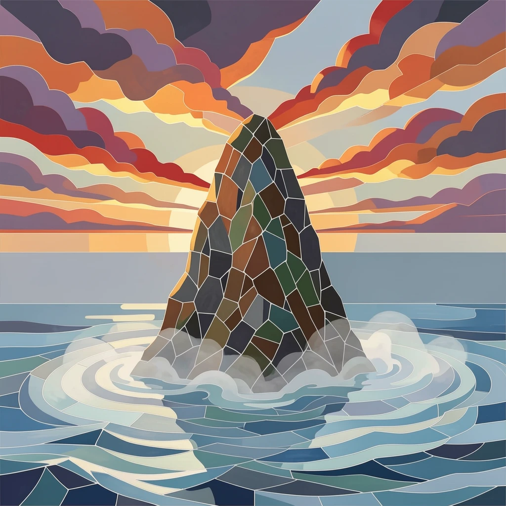 A wide panoramic view of a dramatic sea stack rising from misty ocean waters at sunrise, with dramatic clouds and rich natural color.
