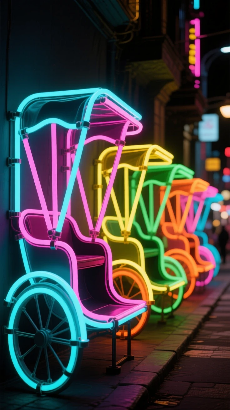 A fleet of colorful rickshaws lined up along a busy street.