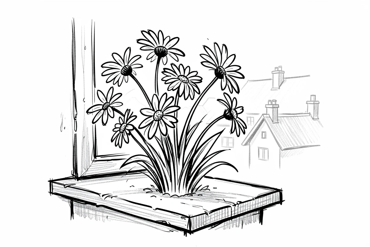 A patch of daisies swaying in the wind on a windowsill overlooking a village.