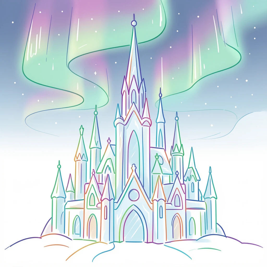 A frozen ice palace with towering spires catching the light of the northern lights.