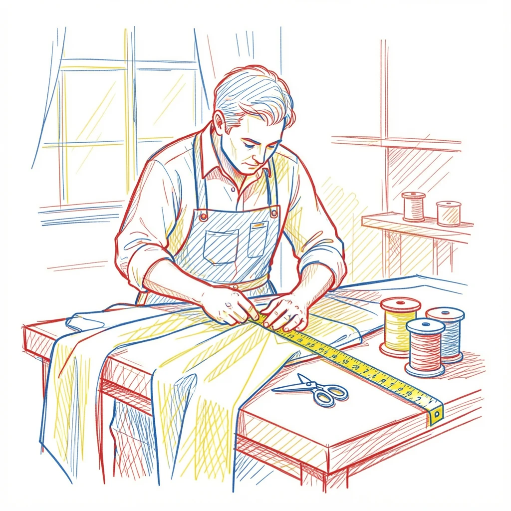 A tailor carefully measuring fabric in a small sunlit workshop