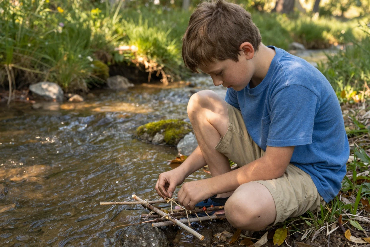 A boy builds a tiny raft from sticks to float down a shallow creek.