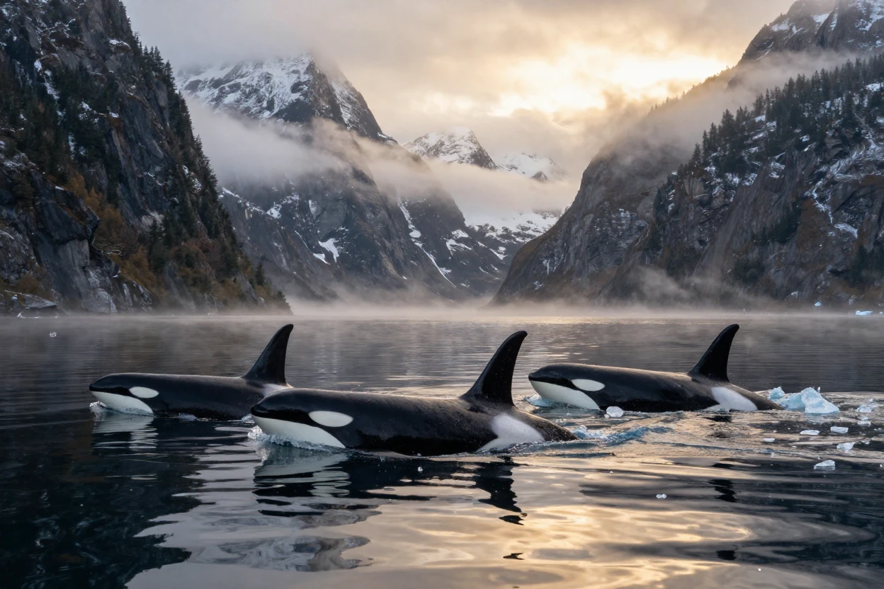 A pod of orcas surfacing together in the icy waters of a fjord