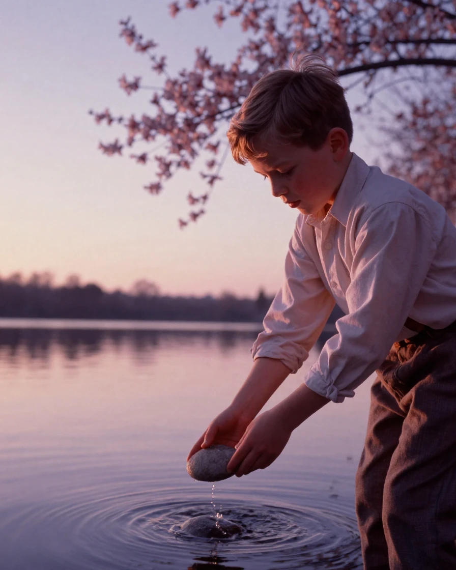 A boy skipping stones across a still lake at sunset, in soft window light, on a clear, cloudless day, as spring blossoms unfurl, in dusty lavender and rose tones, in a tight close-up.