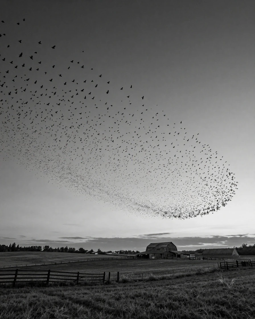 A murmuration of starlings swirls in shifting patterns overhead above a quiet farmland at dusk.