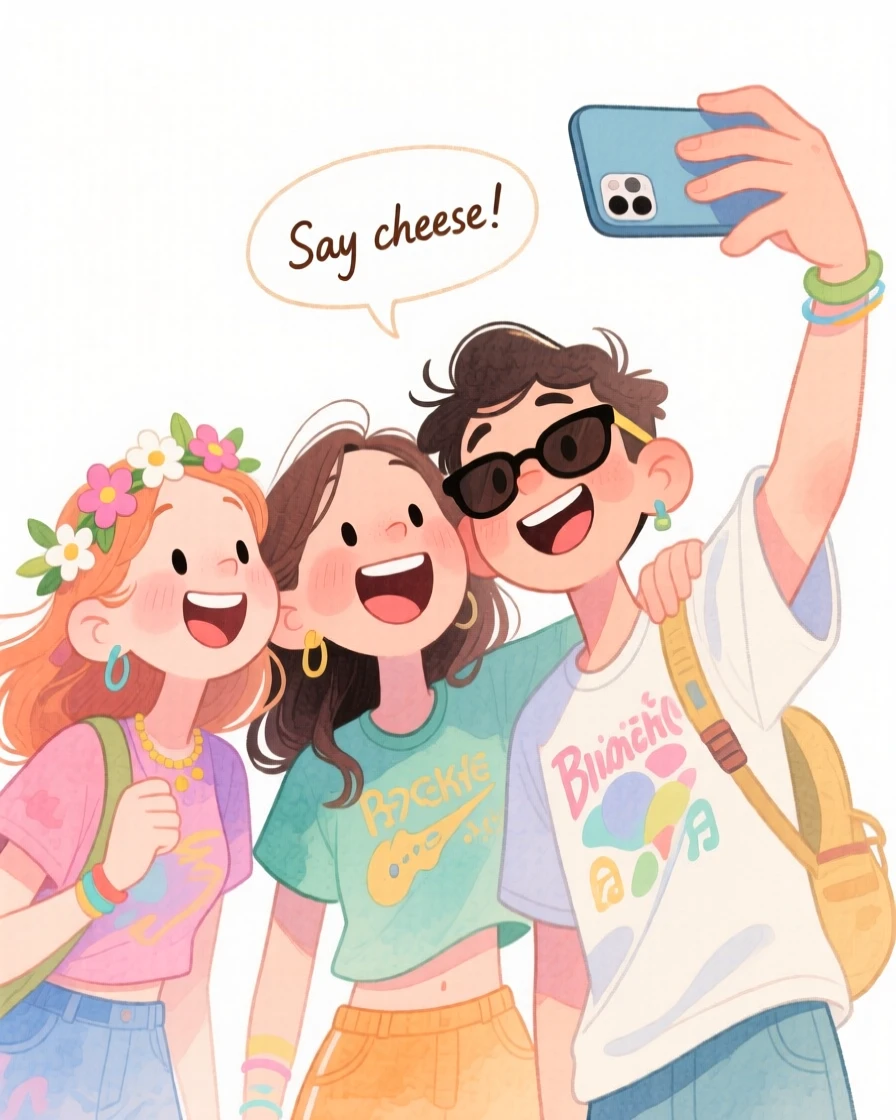 A trio of college friends taking a joyful group selfie at a music festival