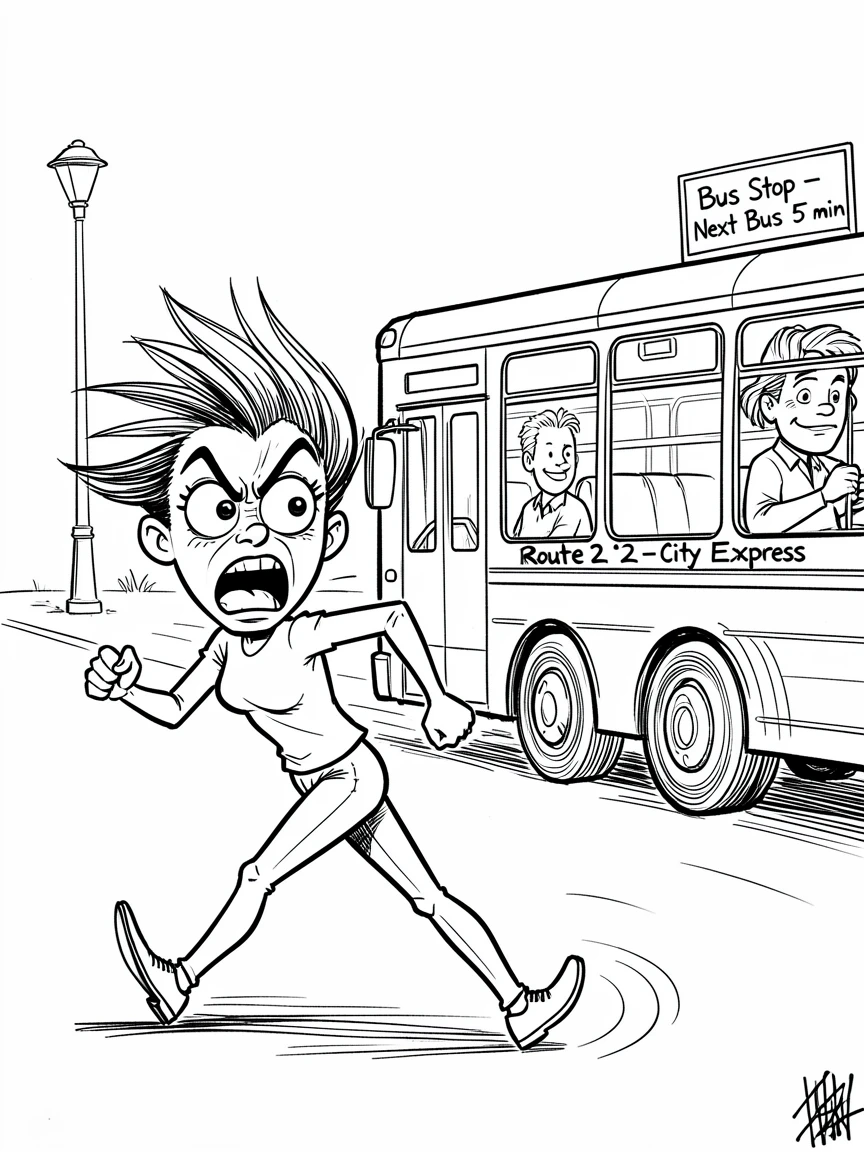 [Funny & Exaggerated Situations] Comical scene of a woman power-walking dramatically to catch a departing bus, exaggerated for maximum laughs