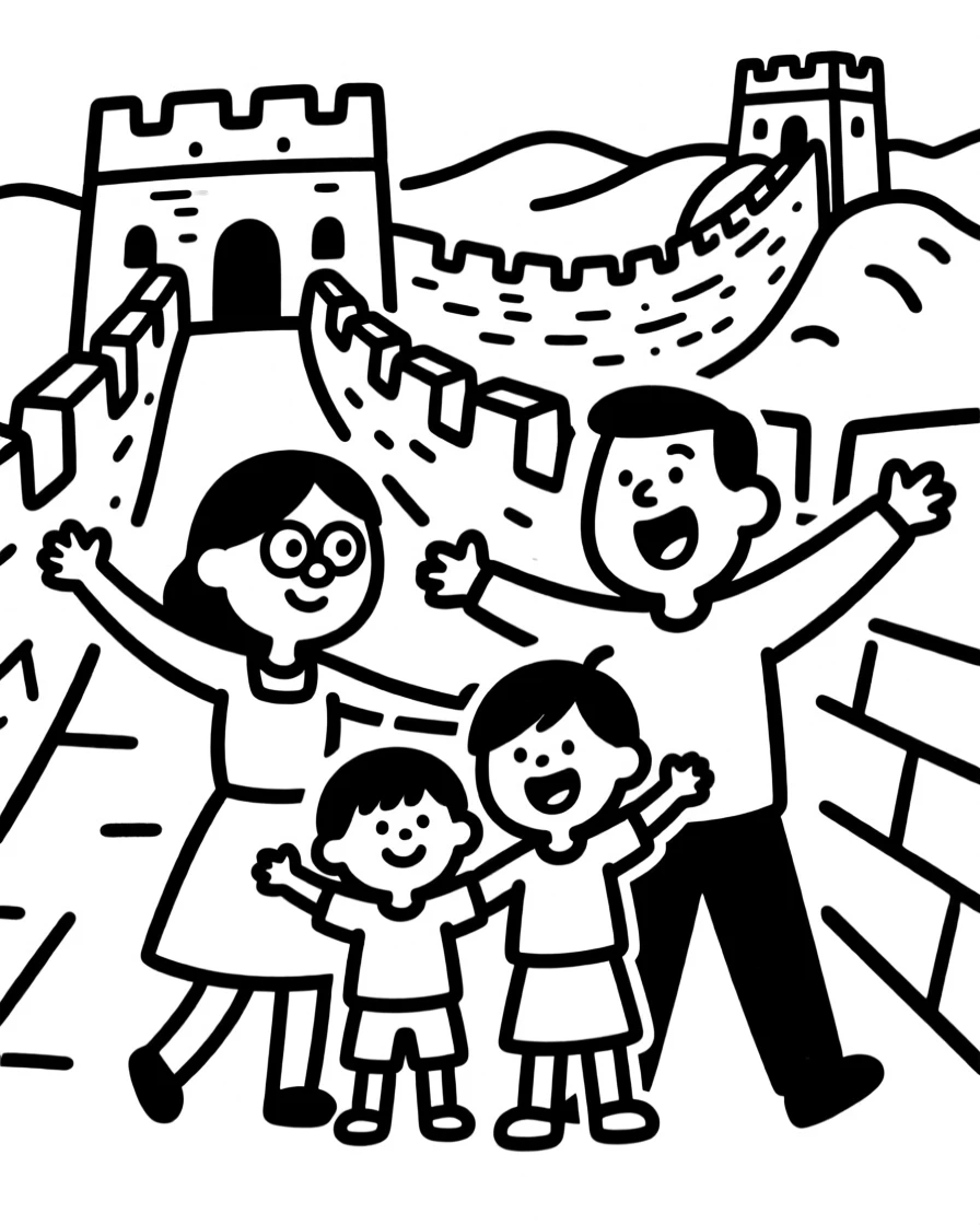 A family posing together in front of the Great Wall of China, arms spread wide.