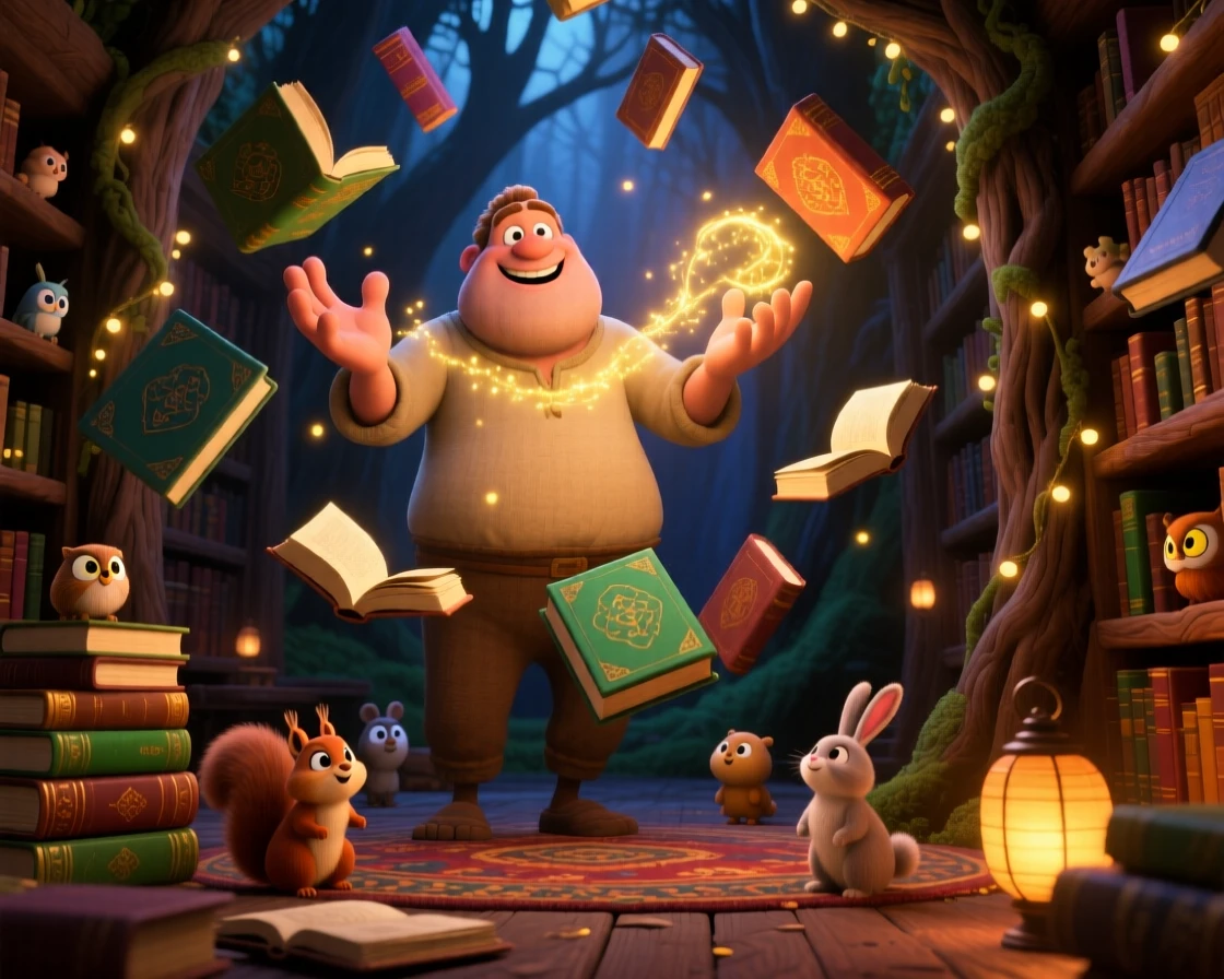 A friendly giant stands in a hidden library filled with floating books, casting a gentle spell of light. The atmosphere feels mystical yet warmly inviting, with small creatures peeking out curiously nearby.