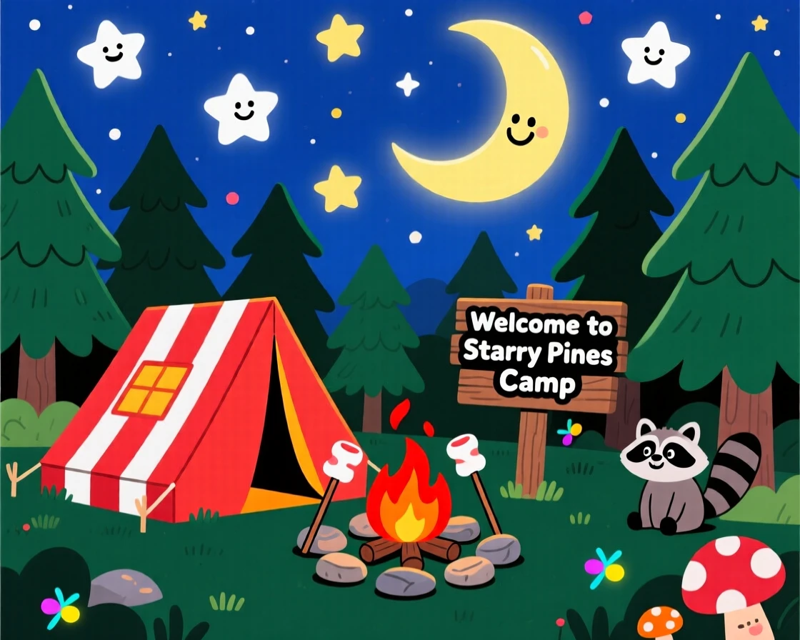A starry night sky glowing above a quiet campsite in the woods.