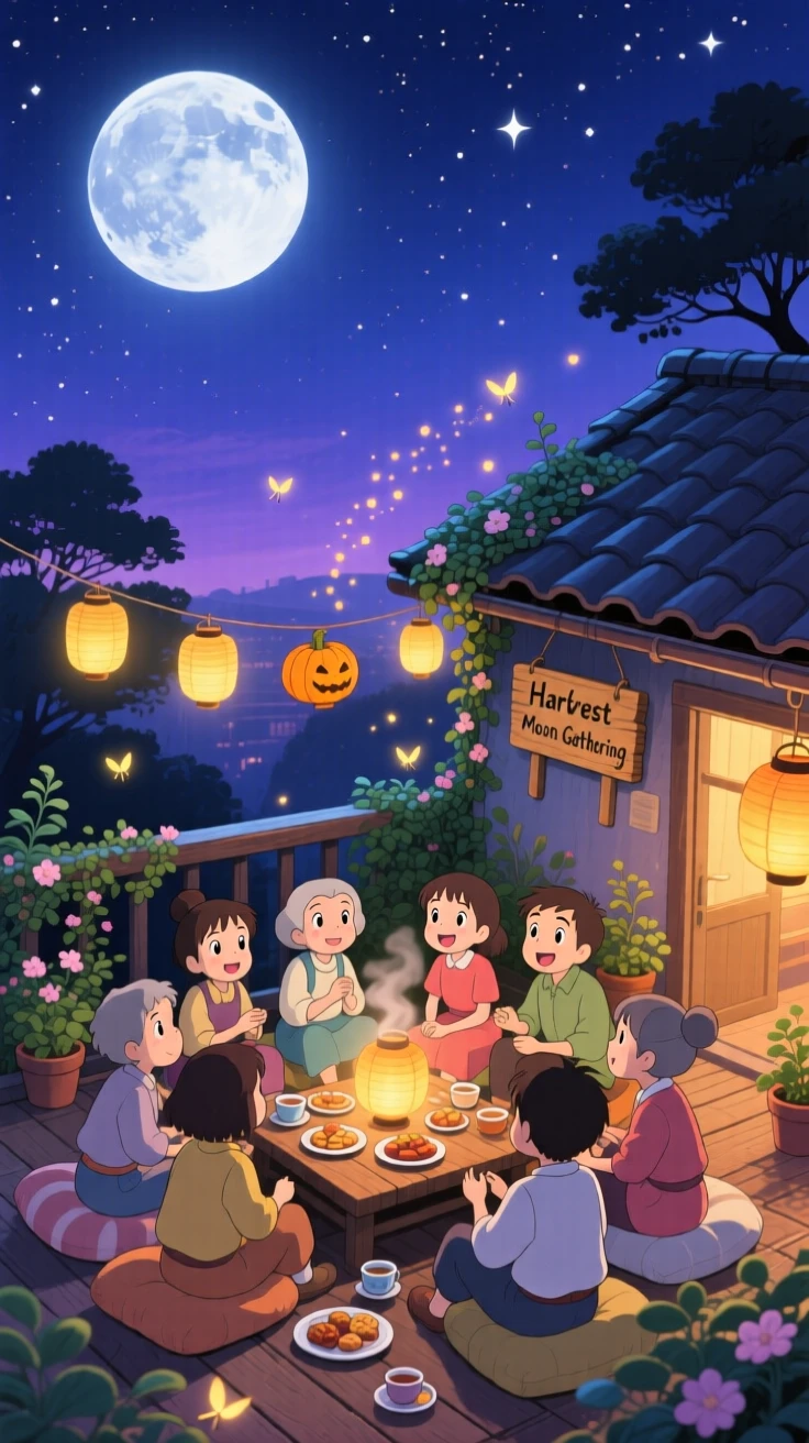 A nighttime scene of a rooftop gathering under a full harvest moon, peacefully luminous.