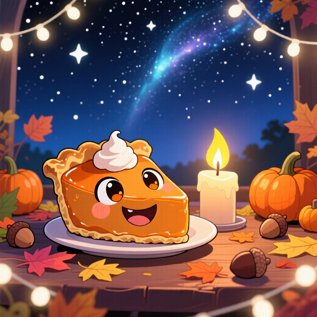 A cheerful pumpkin pie slice sitting proudly beside a candle, framed as a medium shot within an autumn harvest table, under a starry midsummer night sky, glowing under warm fairy-light glow, evoking quiet contentment.