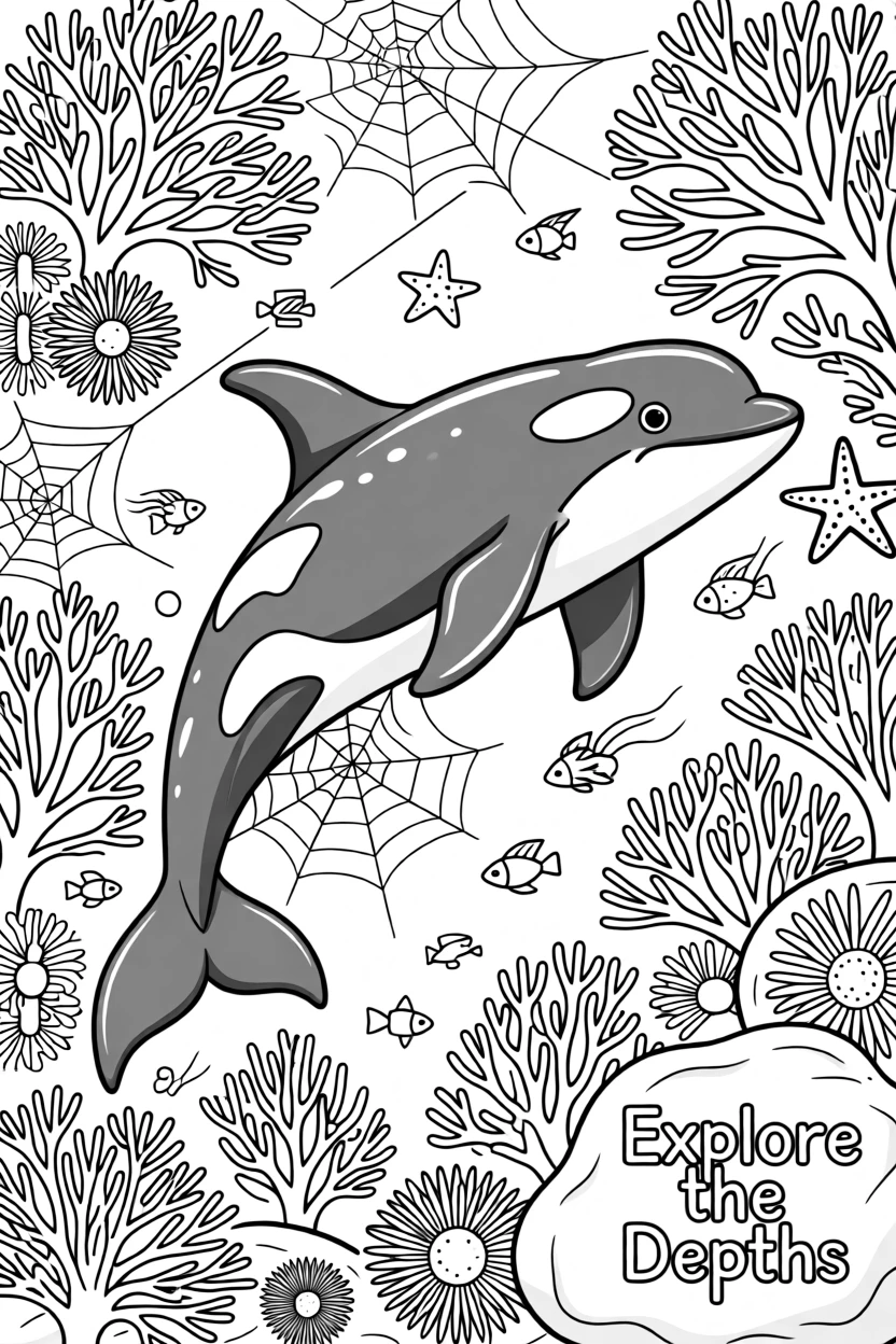 An orca swimming through a coral reef, with delicate spider webs strung between branches.