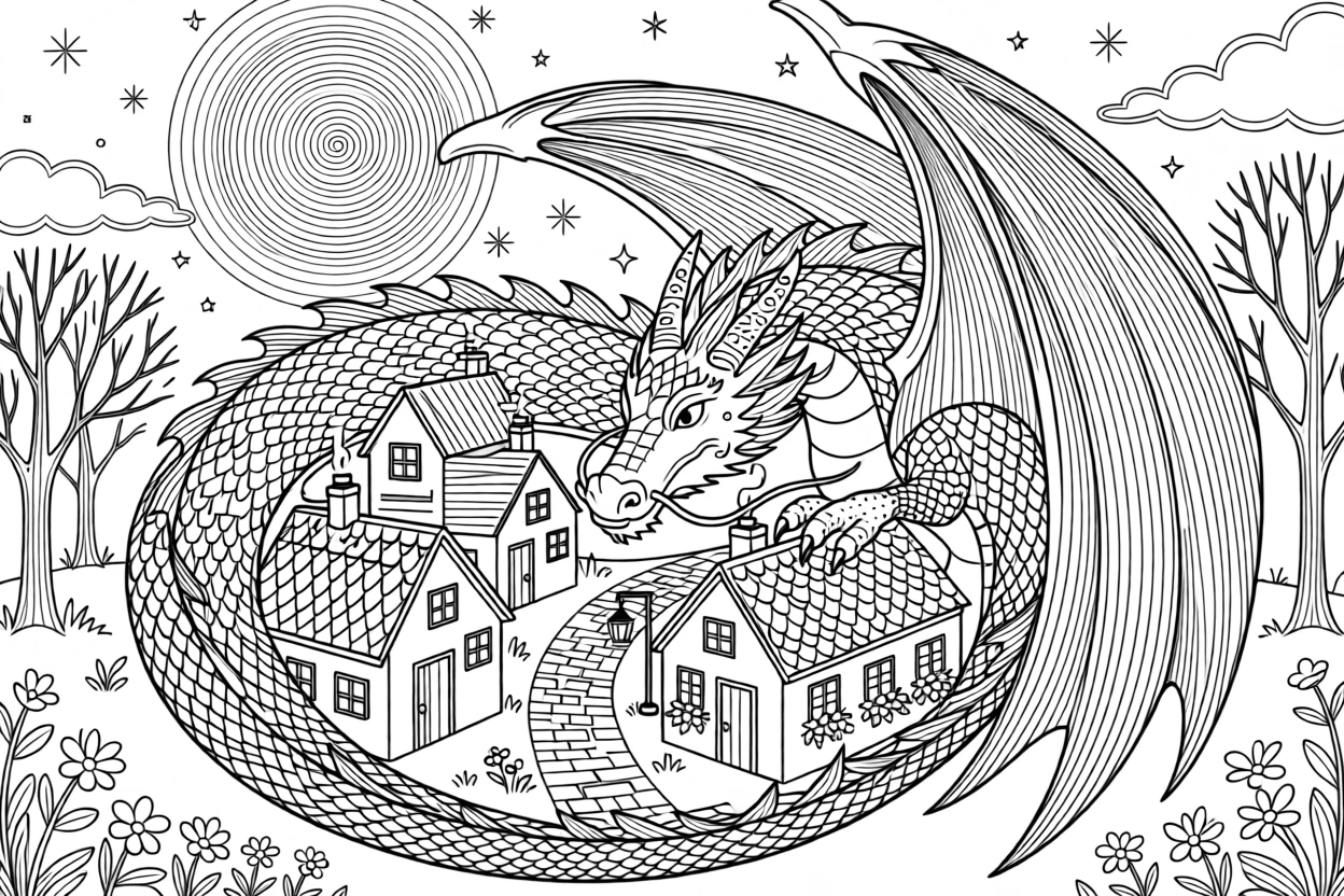 A dragon curled protectively around a sleeping village at night.
