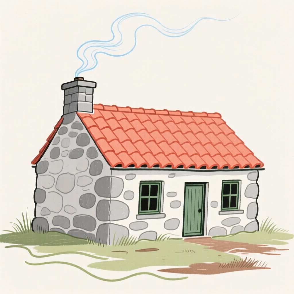 A small stone cottage with smoke rising from its chimney.