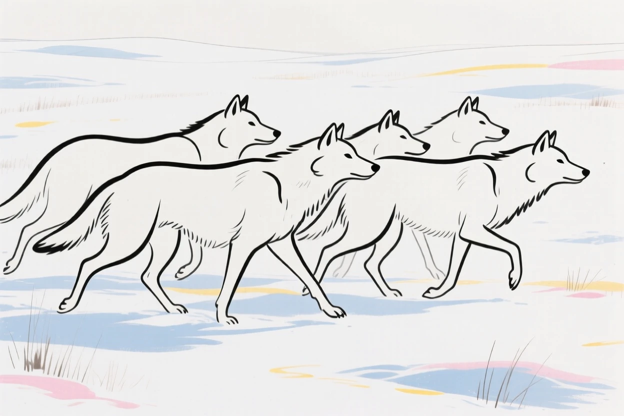 A pack of wolves crossing a snowy field