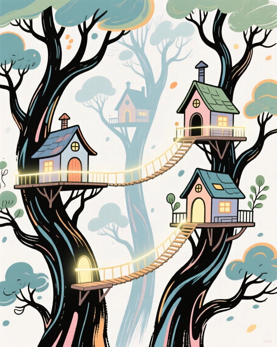 A magical treehouse village connected by glowing rope bridges.