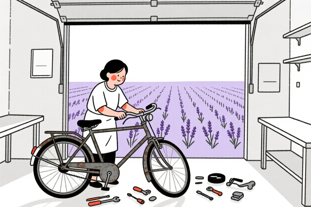 A mother restoring an old bicycle in a garage, in a lavender field.