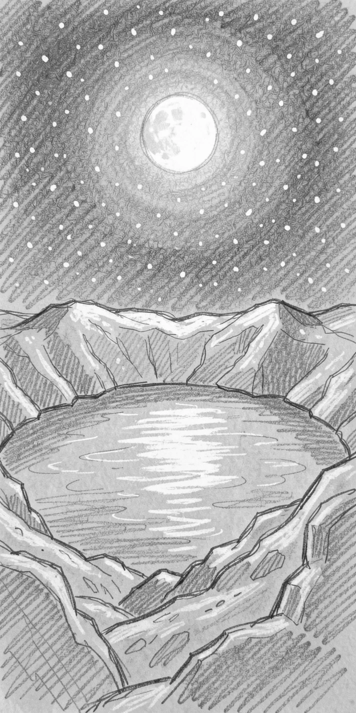 A volcanic crater lake, illuminated by a brilliant full moon, with snow gently falling.