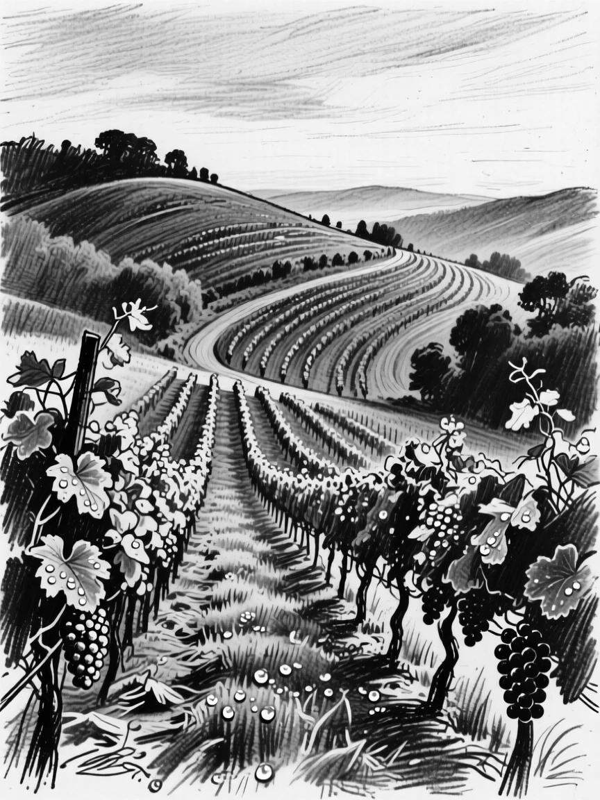 A rolling vineyard hillside as morning dew glistens on every surface.