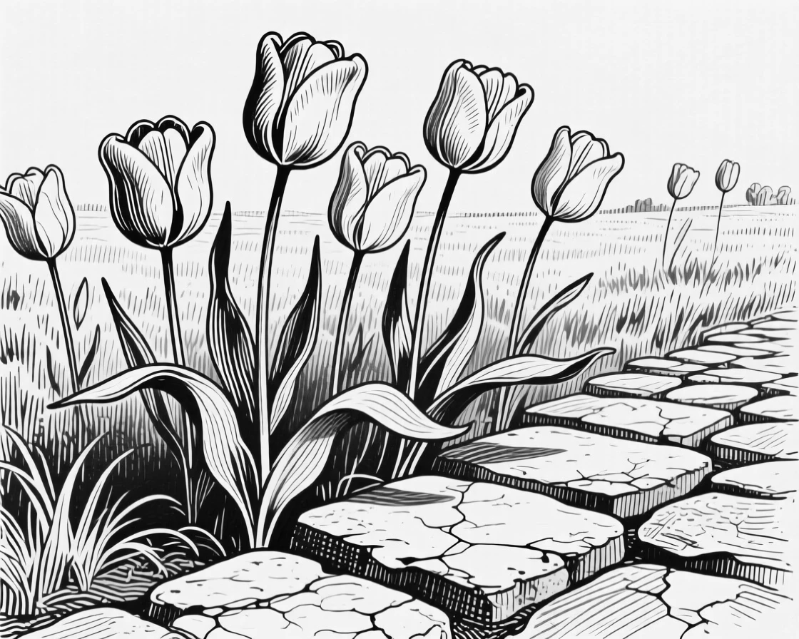 A field of tulips growing between old cobblestones, with soft shadows falling across the petals, composed in a delicate and romantic still-life arrangement.
