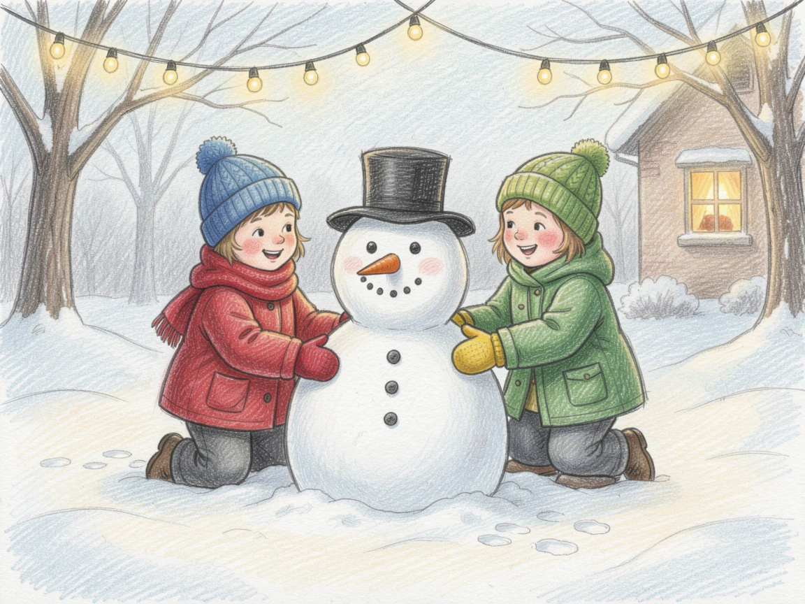 Children building a snowman together in a fresh blanket of snow, with soft glowing lights creating a warm festive atmosphere, evoking treasured family memories and togetherness.