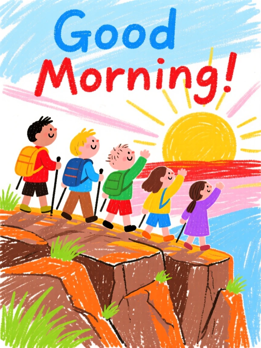 A group of hikers reaching a scenic overlook at sunrise.