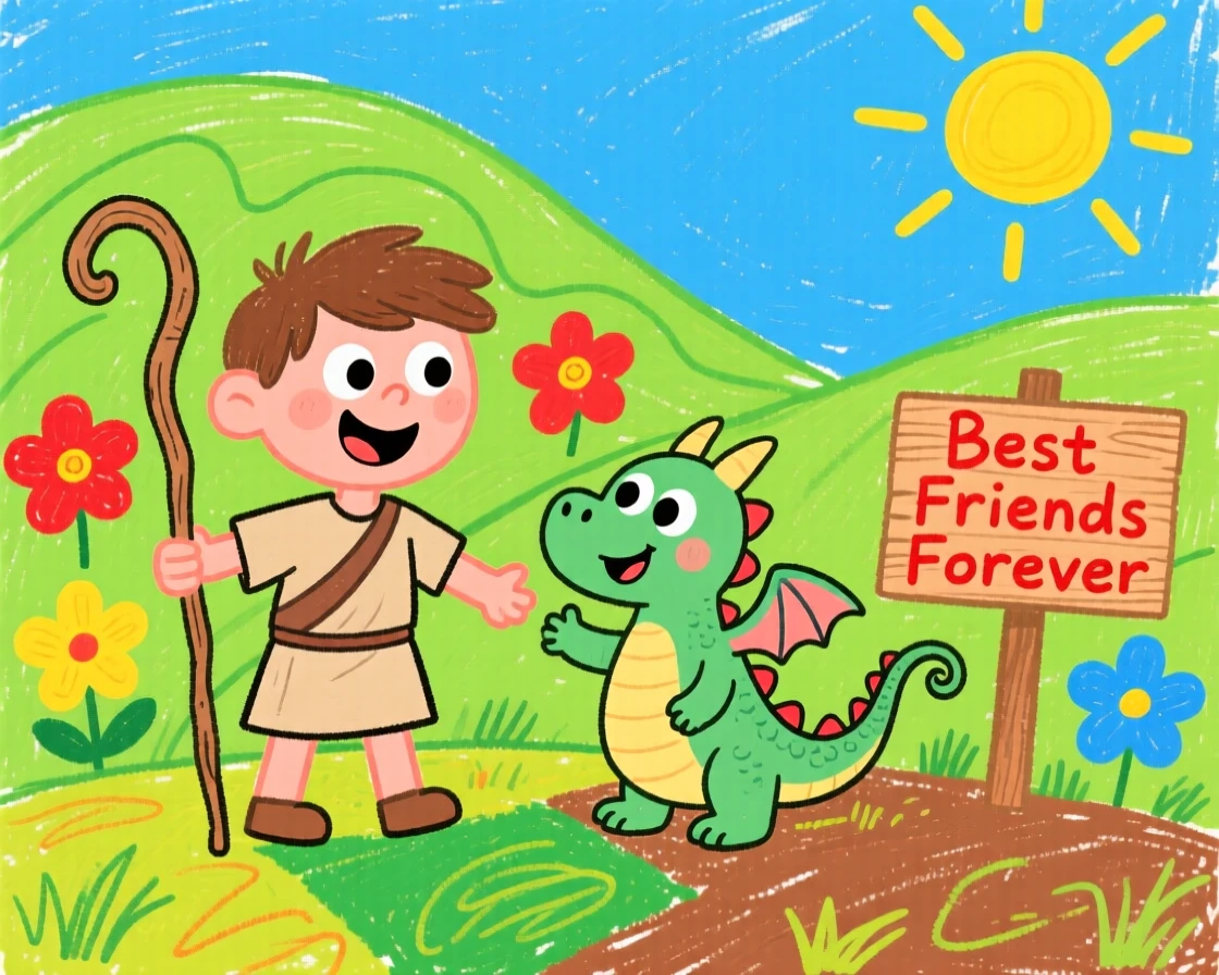 A shepherd boy befriending a wandering baby dragon in the hills.