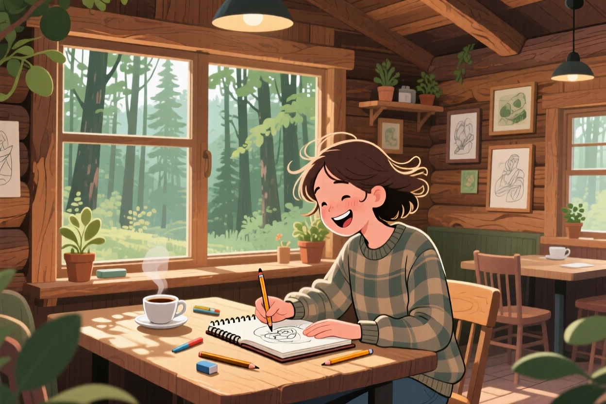 A young artist sketching in a notebook at a café table, in a rustic wooden cabin surrounded by forest, shown from a friendly eye-level perspective, with small joyful details like flying hair or bright laughter.