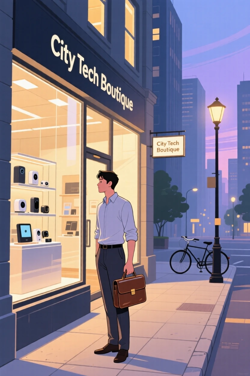 An office worker window shopping on a quiet summer evening in the city.