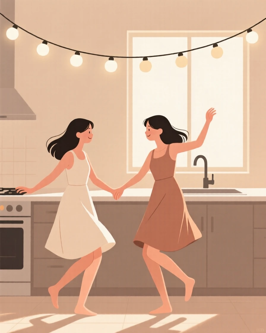Two young woman dancing under string lights together in a sunlit kitchen, sharing a moment of quiet joy.
