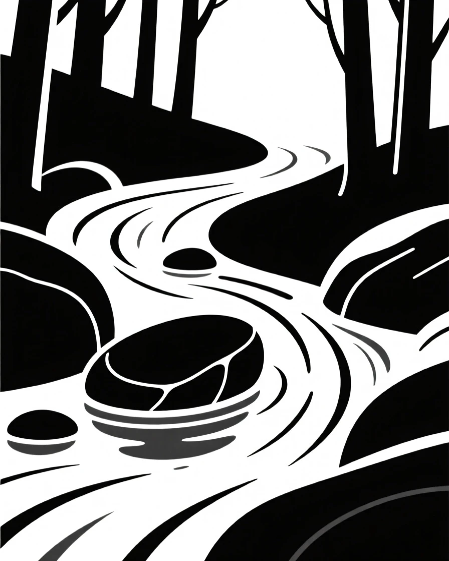 A forest stream trickling over smooth stones.
