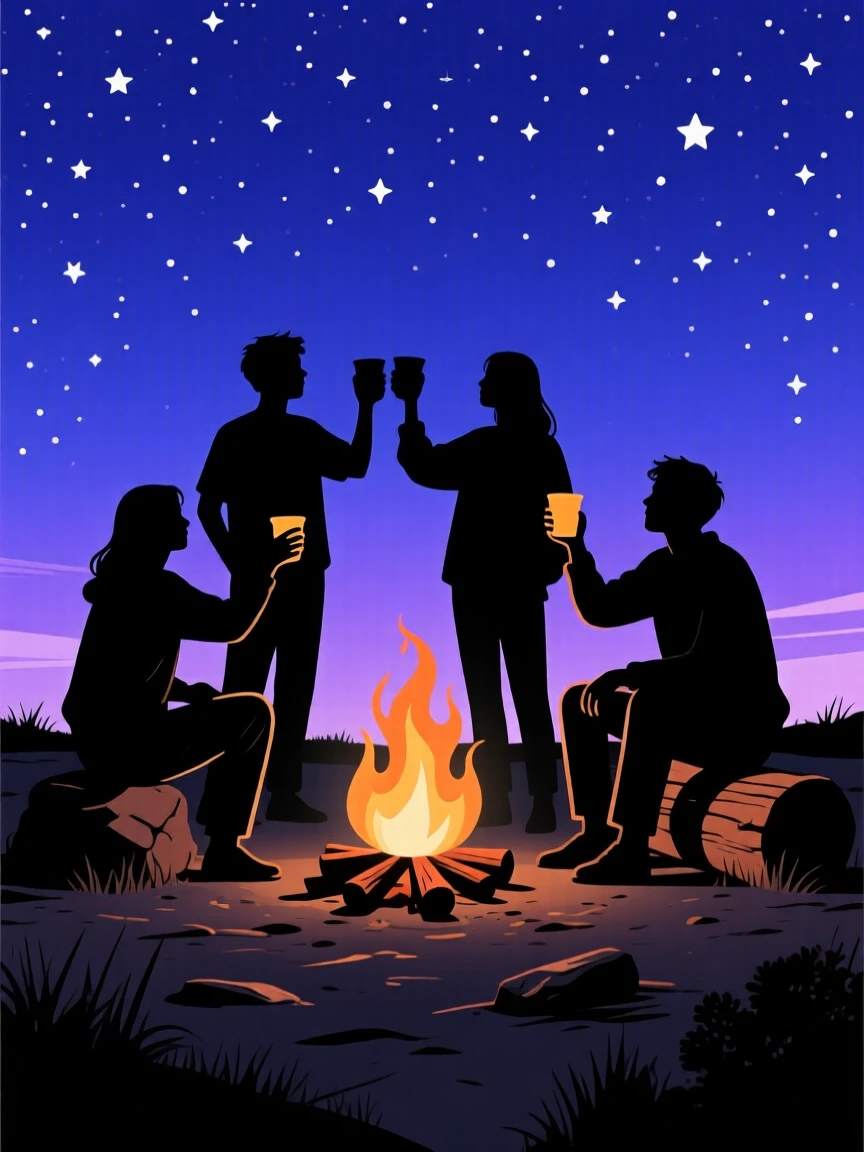 A group of friends toasting around a campfire beneath a starlit sky.