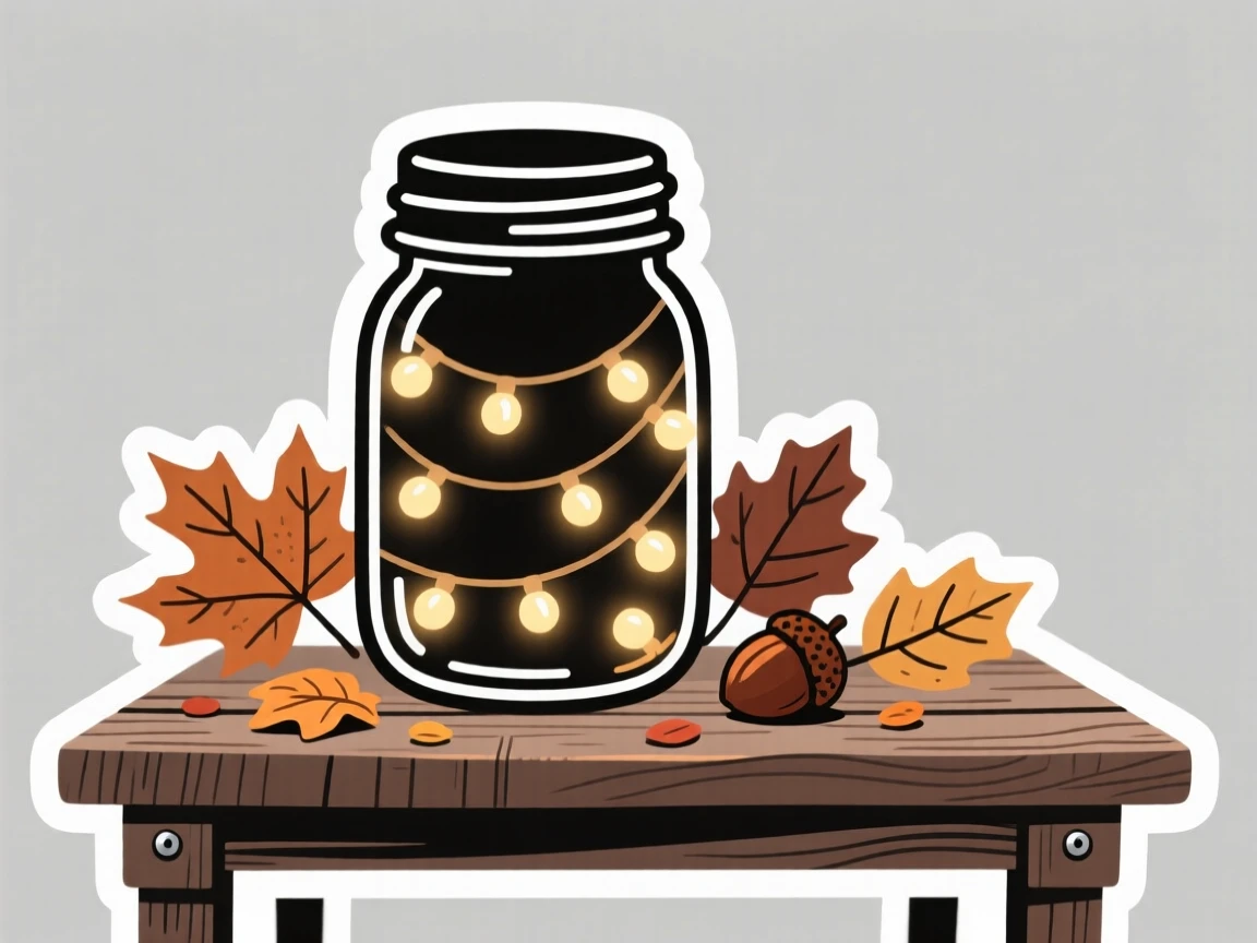 A nostalgic mason jar filled with fairy lights, surrounded by scattered autumn leaves, on a rustic farmhouse table.
