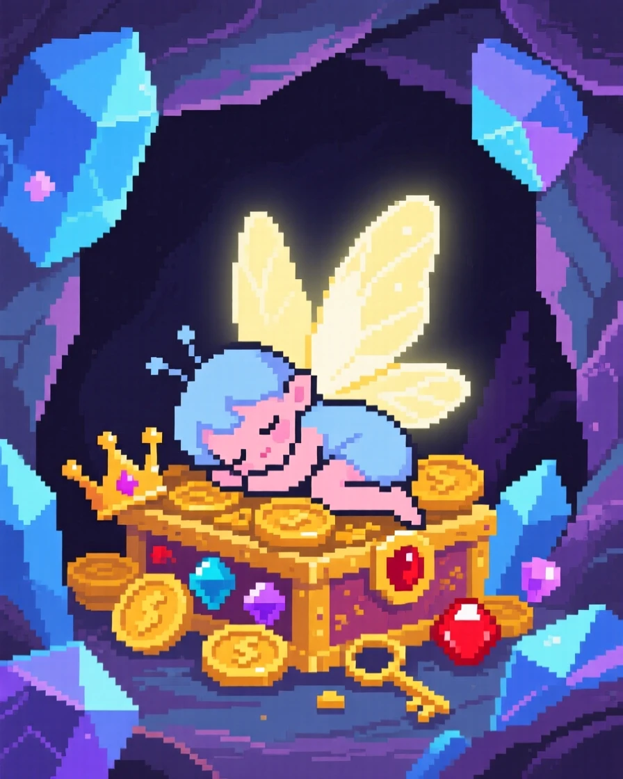 A tiny fairy with glowing wings napping curled around a treasure hoard, within a hidden cave full of crystals.