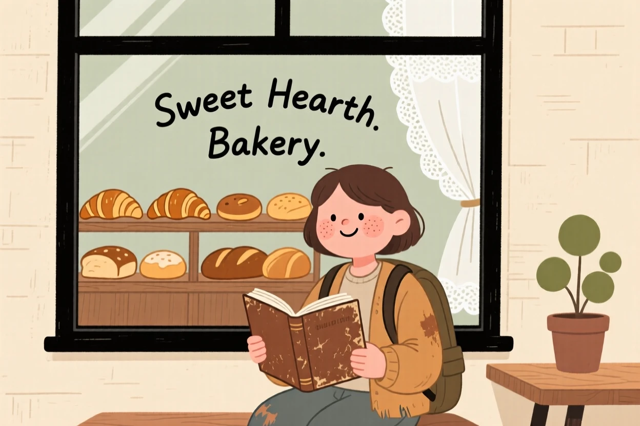 A traveler sits by the window of a small family bakery, reading a worn novel as the smell of warm pastries fills the air.