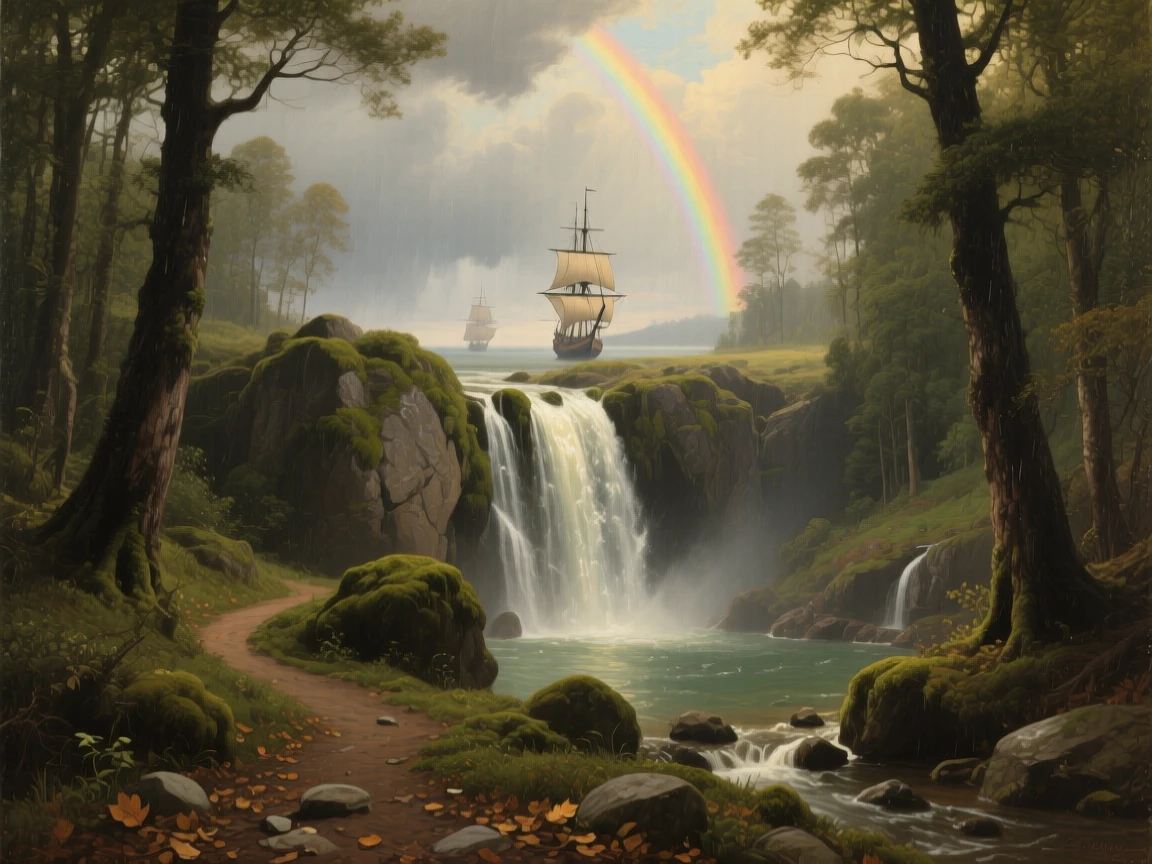 An expansive vista of a hidden waterfall discovered at the end of a forest trail, in the age of sailing ships, under a rainbow after a storm.