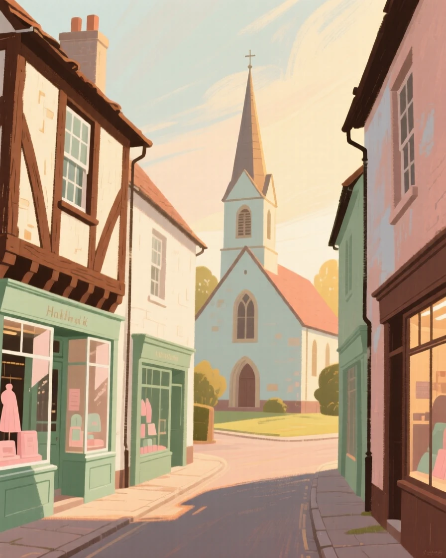 A narrow street of timber-framed shops leading to a village church