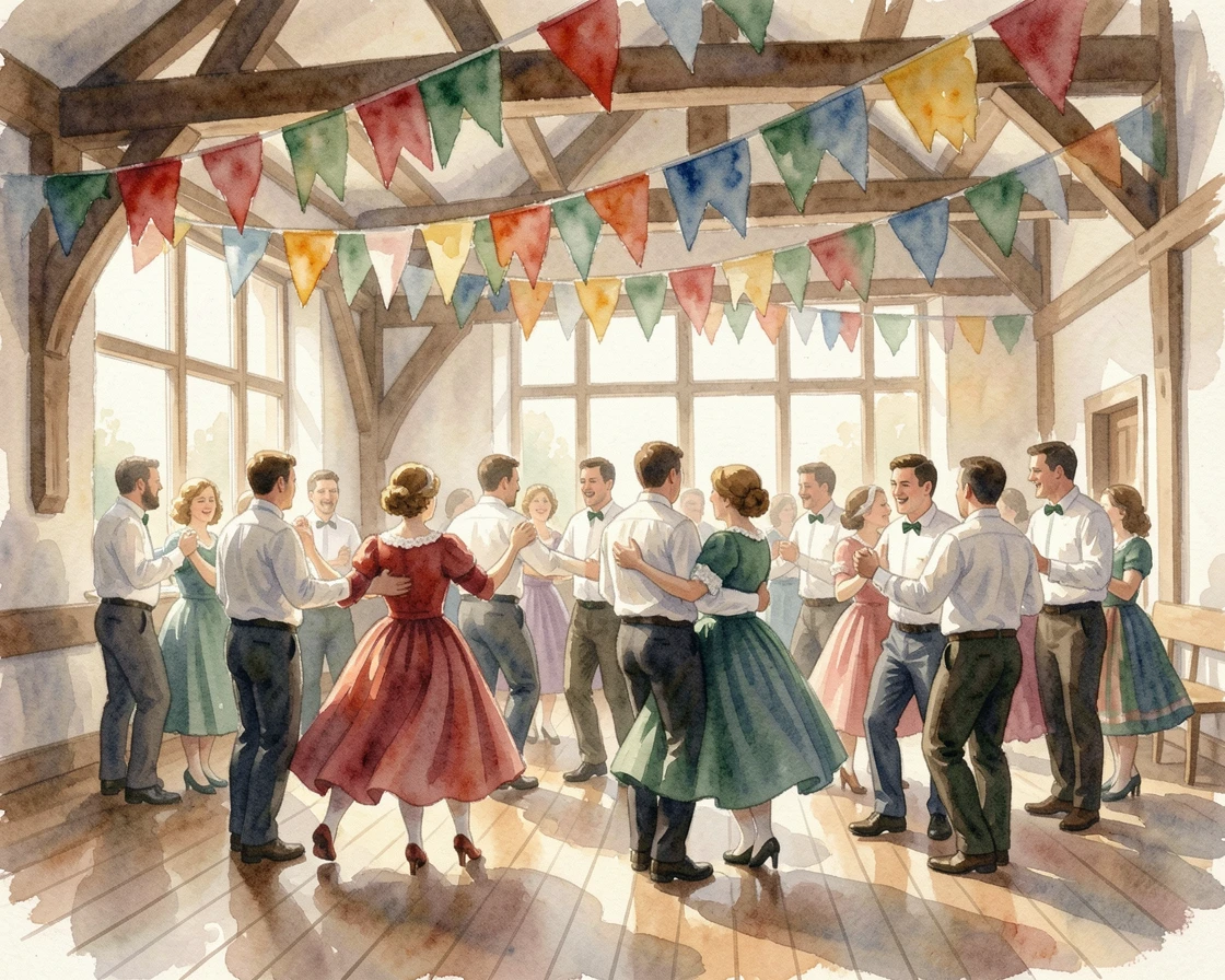 A traditional Irish céilí dance in a village hall under strings of colorful festival flags.