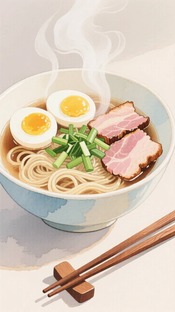 A bowl of steaming ramen with soft eggs, scallions, and pork slices sits beside a pair of wooden chopsticks