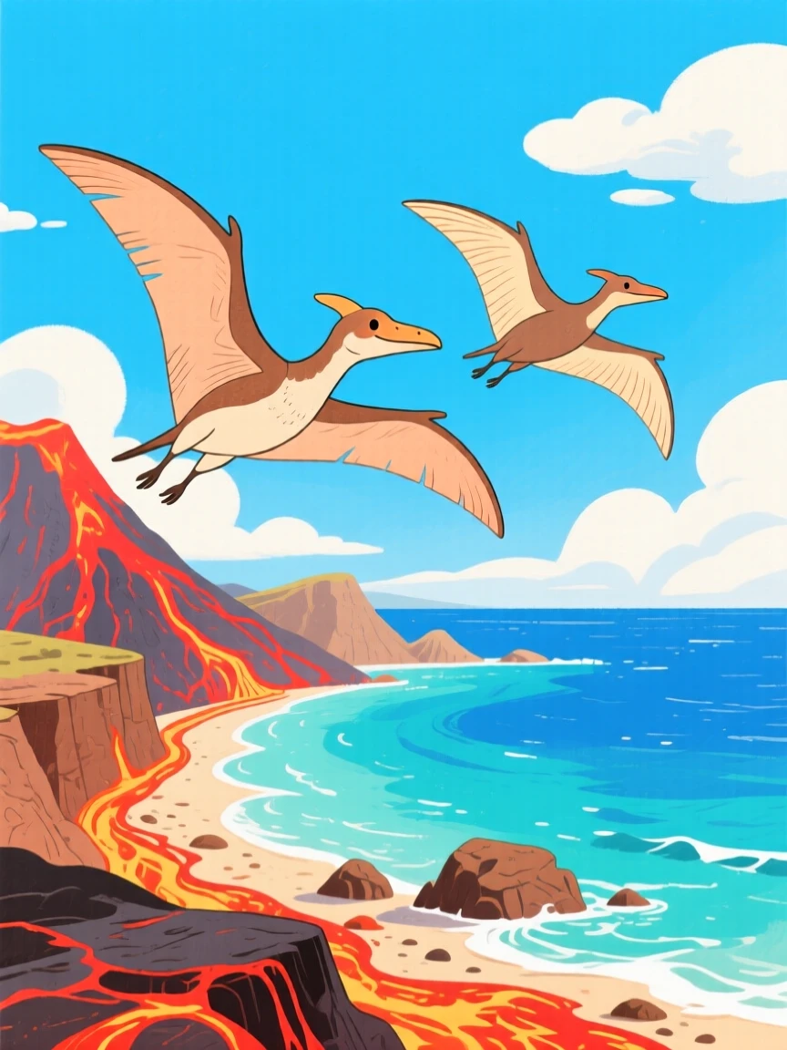 An exciting view of a pair of pterodactyls soaring over a volcanic coastline.